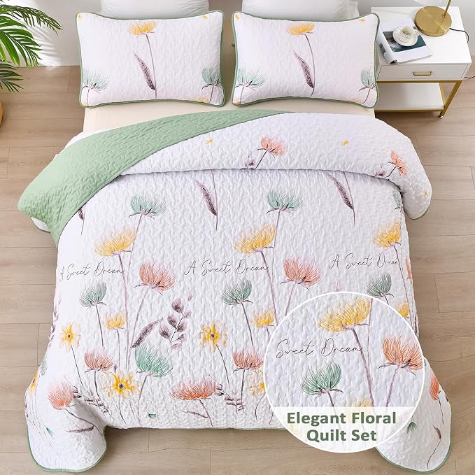 Dinjoy Floral Quilt Set Queen, 3 Pieces Sage Green Botanical Bedspreads | Soft - Image 2