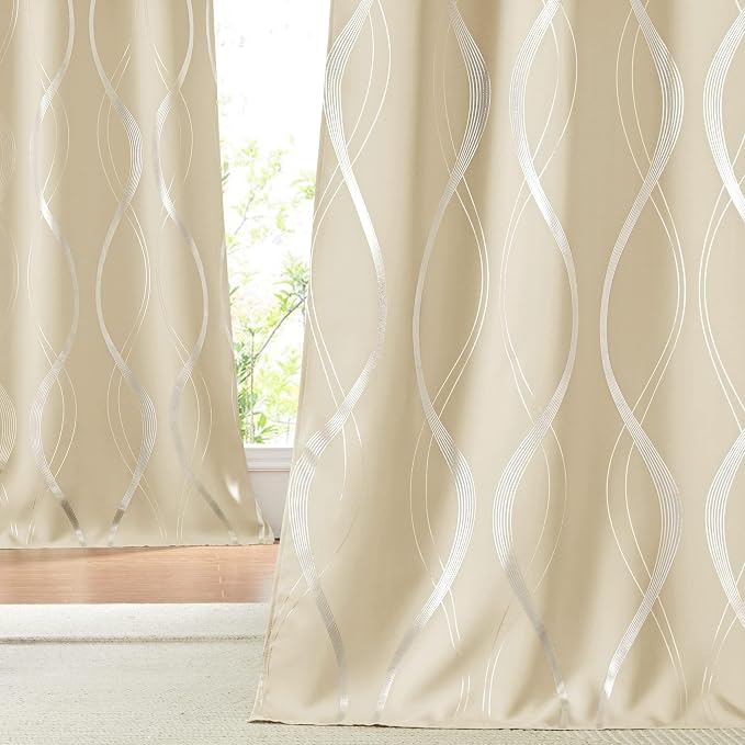 NICETOWN Wave Line Foil Print Curtains 52 x 84 Inch, Biscotti Beige | - Image 4