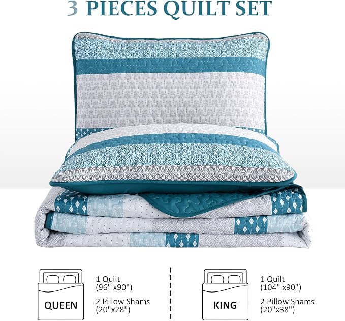 WONGS BEDDING Teal Blue King Size 3-Piece Quilt Set, Boho Stripe Bedspread | - Image 9