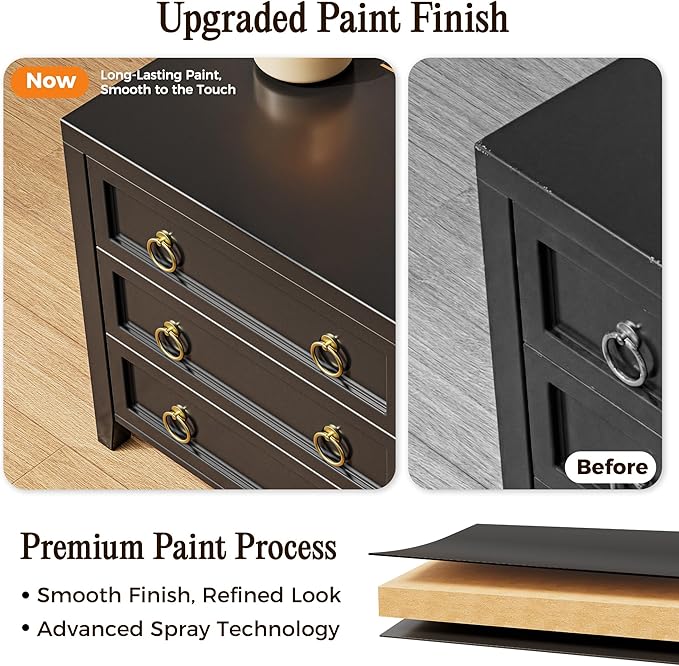Huuger Paint Night Stand with Charger Station, 3 Drawer Nightstand Set of 2 | - Image 6