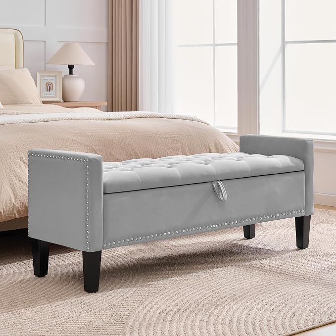 51" Storage Ottoman Bench, Velvet Large End of Bed Bench by CreekVista