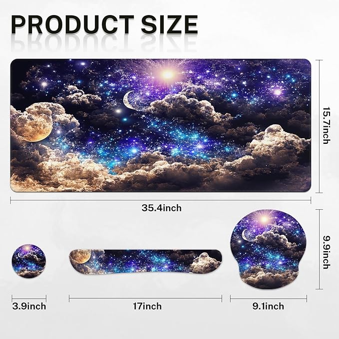 Britimes Moon Space Night Keyboard Mouse Pad Set Blue Cute Cloud 4in1 Large Mousepad+Keyboard Wrist Rest+Mouse Wrist Rest+Coaster Ergonomic Design for Home Office Computer 35.4x15.7 inches
