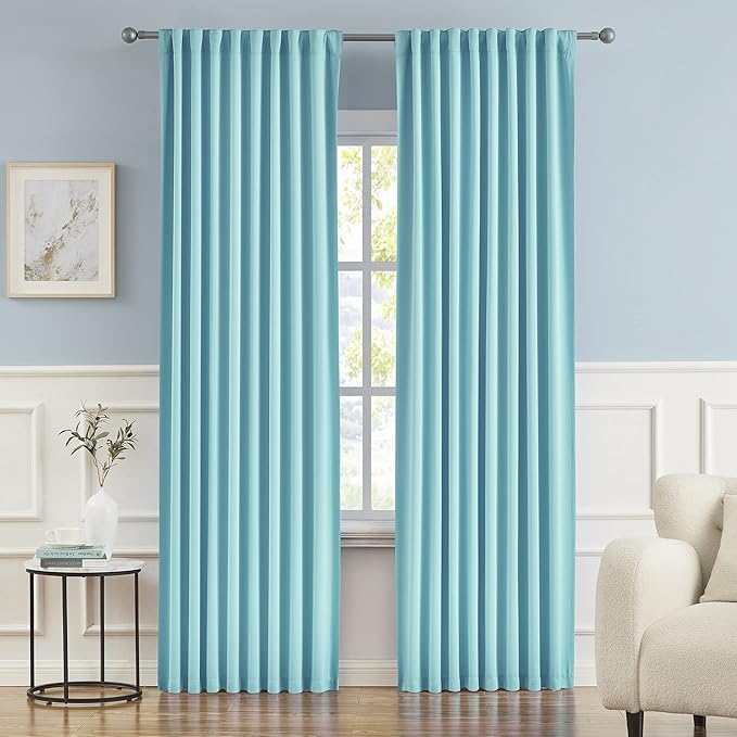 Aqua Color Curtains for Bedroom Rod Pocket Back Tab Window Treatment Panels by DUALIFE