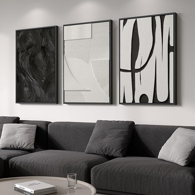 Large 3D Textured Framed Black and White Abstract Wall Art by Cuspin