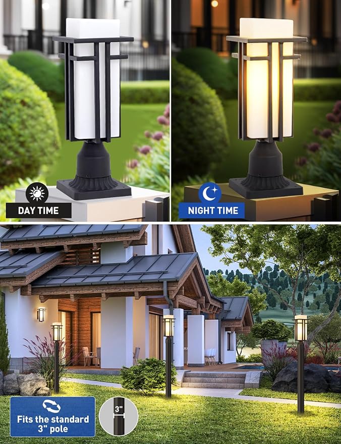 EERU Outdoor Post Lights Waterproof Metal Frame with Milk White Frosted Glass Pier Mount Outdoor Lighting Fixtures(with 3-Inch Pier Mount Base) Pillar Light Post Lantern for Garden Backyard and Porch