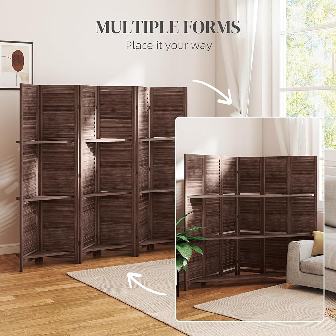 HOMCOM Room Divider 6 Panel 67" Tall Wood Privacy Screen Walnut | 3 Display - Image 6
