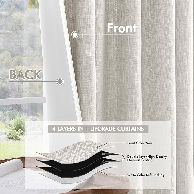 MIULEE 100% Blackout Back Tab Pleat Linen Curtains 50" Wx96 L, Thick Faux Linen - Image 5