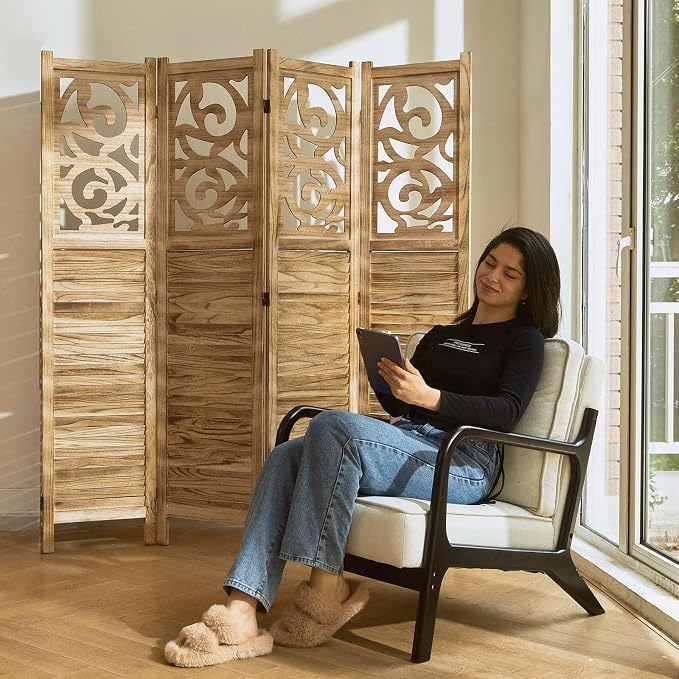 Svimi Folding Room Divider, 5.6Ft 4 Panels Wood Carved Privacy Screens by Svimi