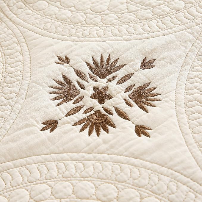 ROOMLIFE Quilt Set King Beige 3D Floral Embroidery Pattern 3-Piece Cotton | - Image 5