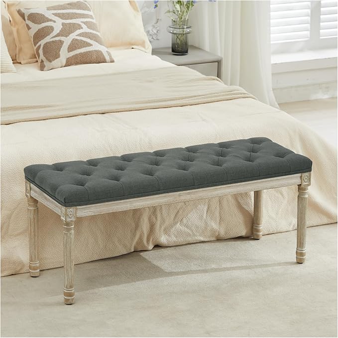 LOULENS 43.9" Linen End of Bed Bench, Vintage Bedroom Bench, Dark Grey | French by LOULENS