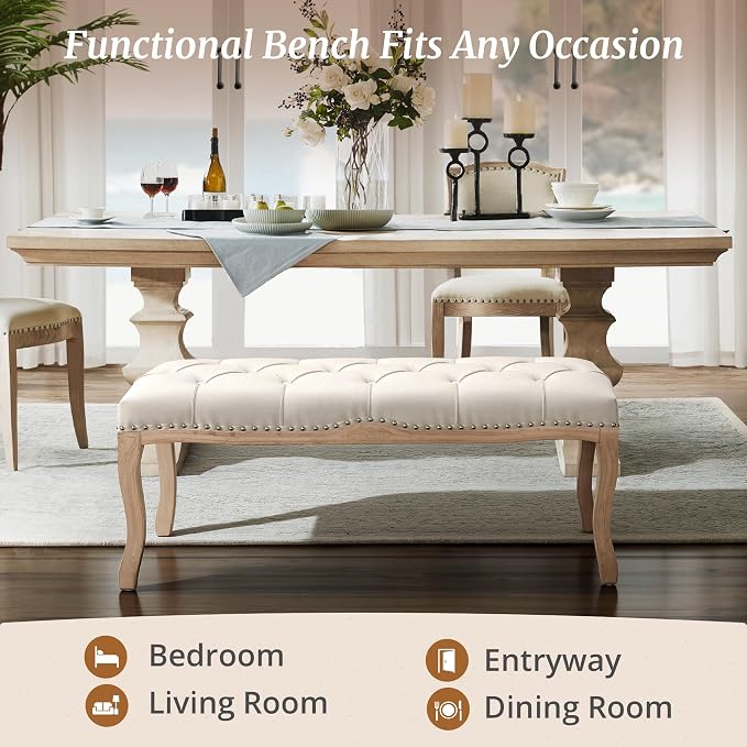 Bedroom Bench, French Vintage Tufted Entryway Bench, 45.2" Carving Upholstered - Image 6