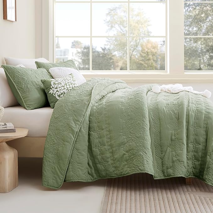 Boho Sage Green Quilt Twin Size Bedding Sets - Image 2