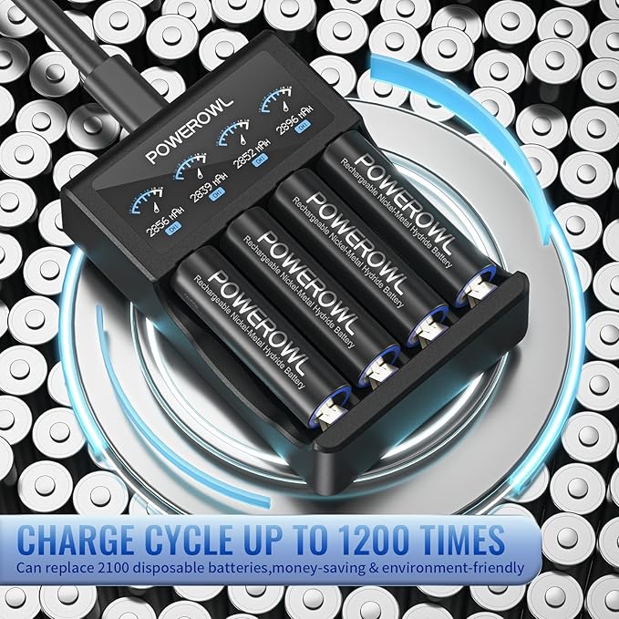 POWEROWL AA Batteries Rechargeable Kit, High Capacity 2800mAh 1200 Cycles 1.2V NiMH Double A Battery, Silver - 8 Count