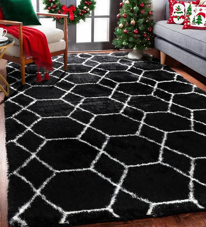 5x7 Area Rugs for Living Room Bedroom, Fluffy Black and White Rug, Geometric - Image 7
