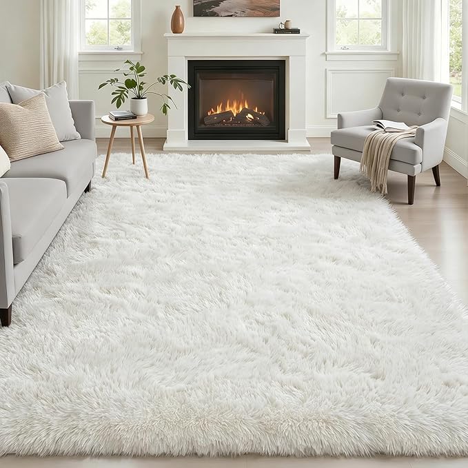Area Rug Living Room Bedroom: 5x7 Fluffy Plush Shag Carpet Ivory | by Luxturiy