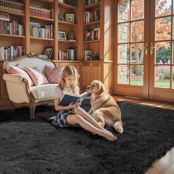 5x8 Black Shag Area Rug for Living Room, Fluffy Plush Carpet | Non-Slip Large - Image 4