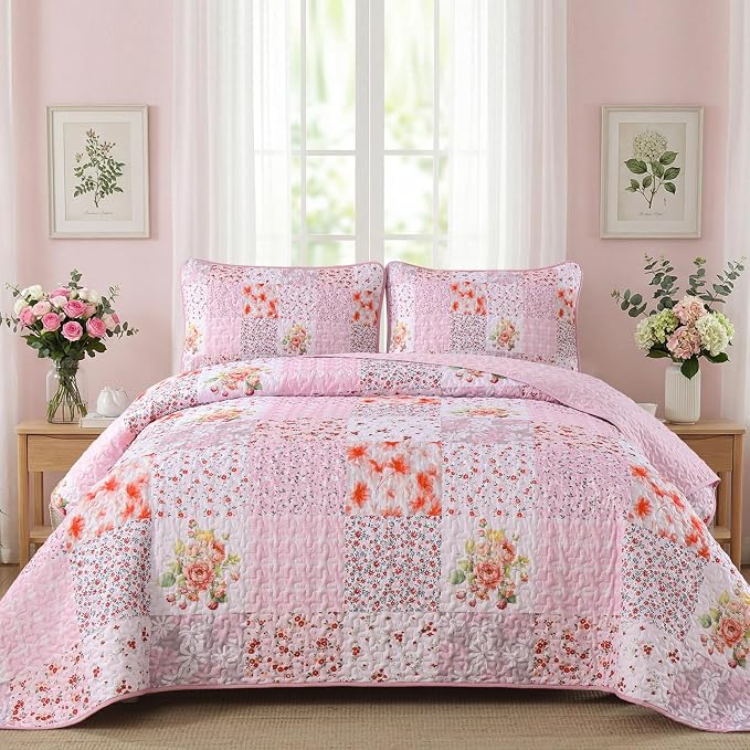 Mybedsoul Patchwork Quilt King Size, Soft Pink Boho Floral King Bedspreads by Mybedsoul