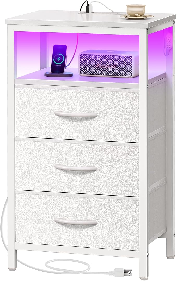 Huuger Night Stand with Charger Station and LED Lights, 3 Drawer Nightstand | by Huuger