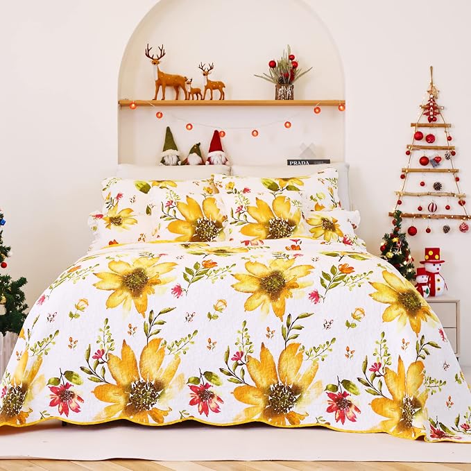 EVENHUG 100% Cotton Quilt Twin Size Yellow Sunflower Bedding Set Floral - Image 2