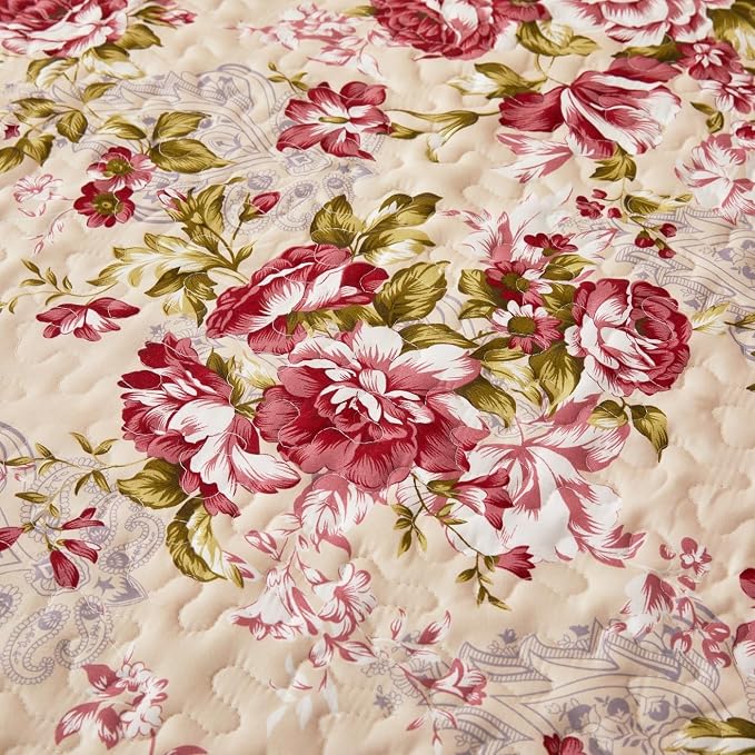 Cmfshape Summer Floral King Quilted Bedspread, Romantic Red Quilt Set, - Image 4