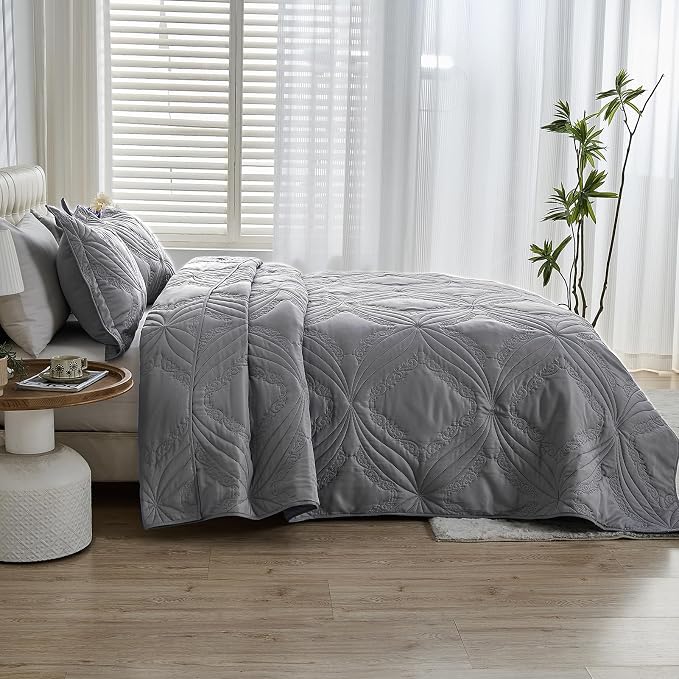 Kingnex Oversized Cal King Bedspreads 120x120 Ultrasonic Quilted Grey | - Image 3