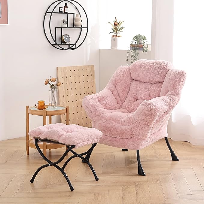 Lazy Chair with Ottoman, Comfy Accent Reading Chair, Plush Pink | Foldable - Image 2