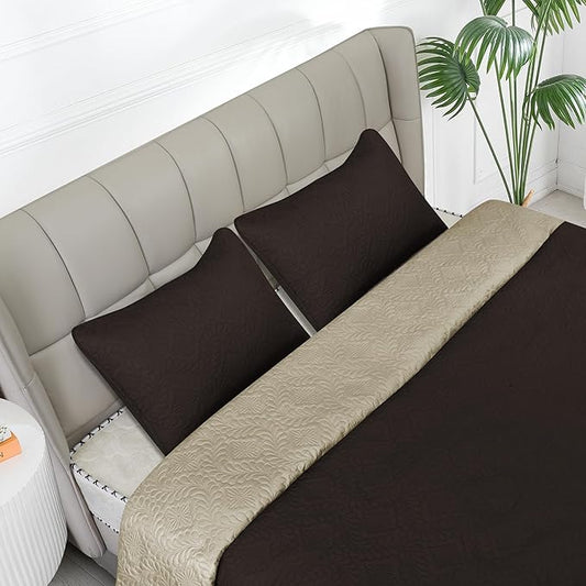 Easy-Going King Size Reversible Quilt Set with 1 Quilt and 2 Pillow Shams, Soft Bed Quilt Cover, Water Resistant Lightweight Microfiber Bedspread, Stain Resistant, Olive Leaf-Chocolate/Beige