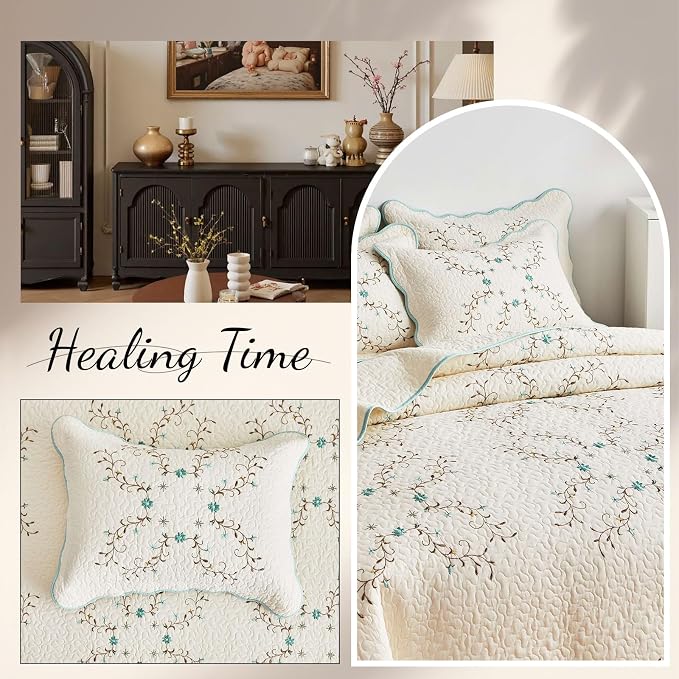 ROOMLIFE Quilt Set King Size 3D Floral Embroidery Pattern 3-Piece Cotton | - Image 7