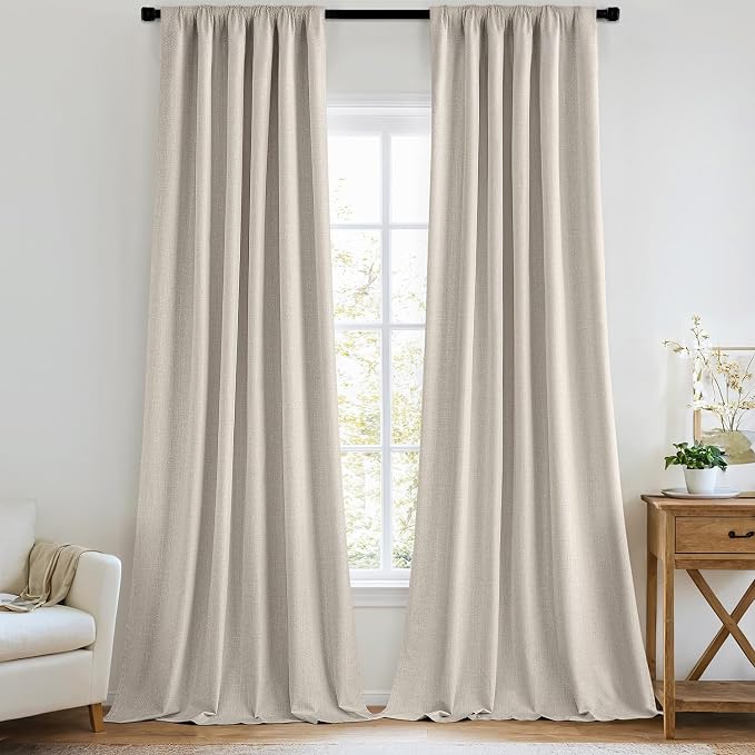 MIULEE 100% Blackout Back Tab Pleat Linen Curtains 50" Wx108 L, Thick Faux Linen by MIULEE