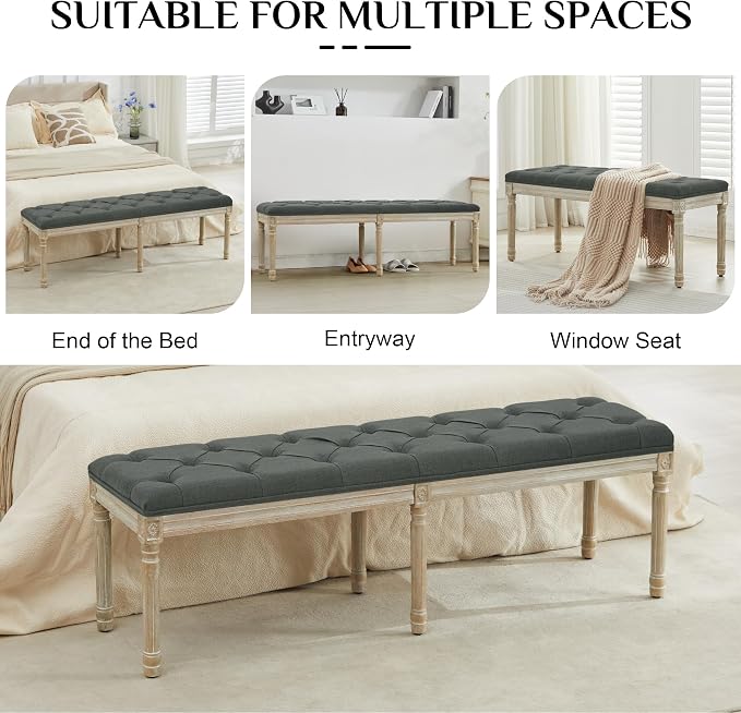 LOULENS 57.7" Linen End of Bed Bench King Size, Dark Grey | French, Upholstered - Image 6