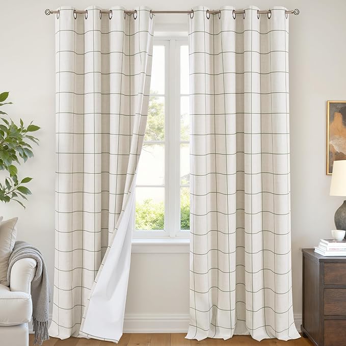 Plaid Blackout Curtains 96 Inch Long, 52 Wide 2 Panels, Dark Green | Linen by Lajode