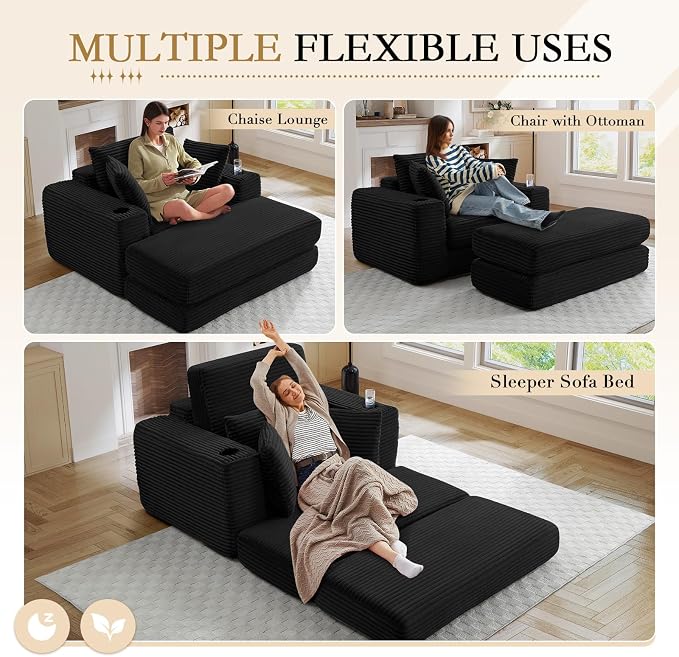 Oversized Chaise Lounge Chair Indoor, 52.4"W Corduroy Upholstered Fluffy Comfy - Image 4