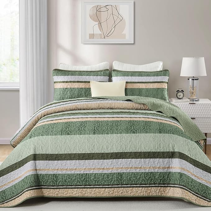 Dobuyly Striped Quilt King Size, Boho Green Lightweight Bedspread Bedding | - Image 2