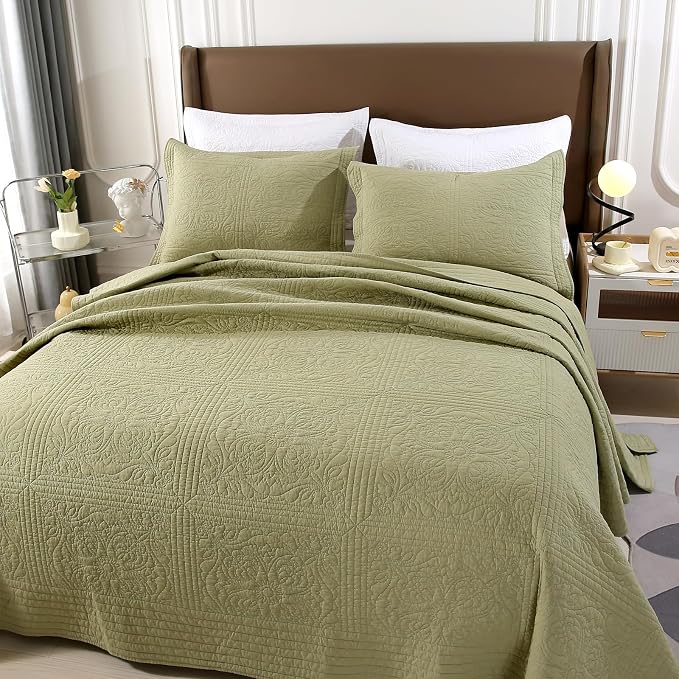 ROOMLIFE Quilt Set Queen Size 3D Floral Embroidery Pattern 3-Piece Cotton - Image 2