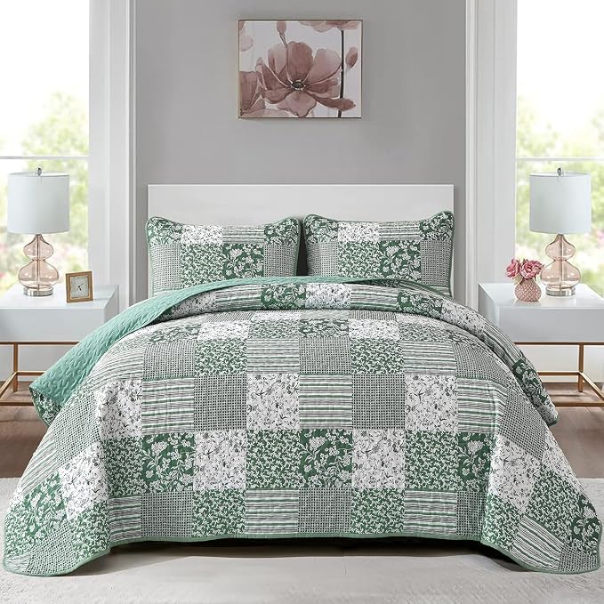 Mybedsoul Green Quilt Set Twin Size Dorm Bedding, Patchwork Bedding Set | Soft by Mybedsoul