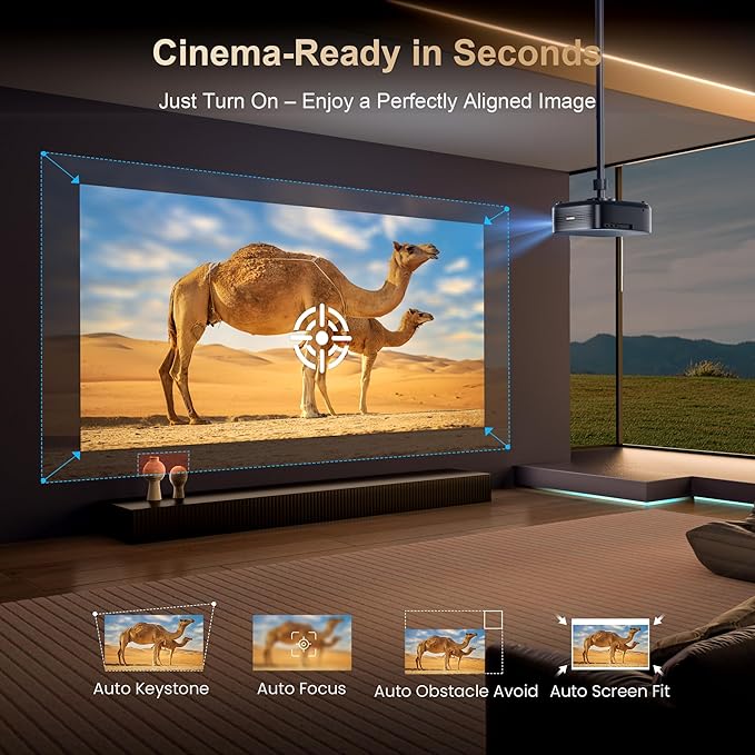 [2000 ANSI/4K Support/DoIby Audio & DBX-TV] Alvar Smart Projector with WiFi 6 and Bluetooth 5.3, 50W Speakers, NetfIix Certified outdoor movie projector, Auto Focus & Keystone, Native 1080P, Black