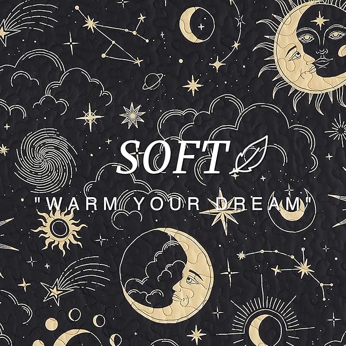 EXQ Home Quilt Set Full Queen Size Black Print Black Sun Starry Pattern | - Image 6