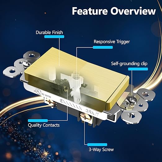 LIDER Brushed Gold Minimalist Decorator Switch with Screwless Wall Plate, Frameless Wall Light Switch, On/Off Rocker Switch, 3-Way or Single Pole, Residential Grade, UL Listed, 3 Wire, 15A 120-277VAC