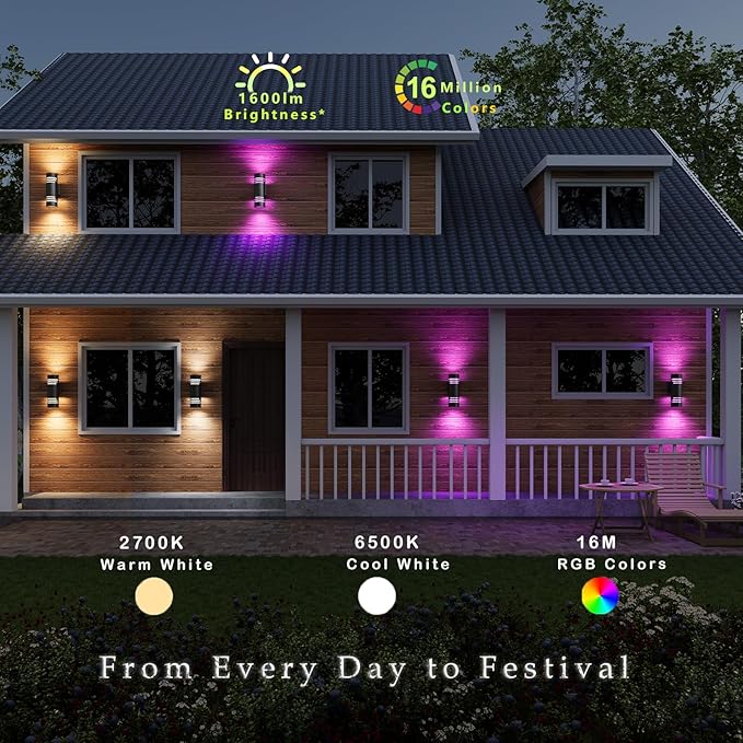 Smart WiFi Outdoor Wall Lights Exterior 2 Pack, Up and Down Porch Lights Ambience Color Changing, Bronze Cylinder RGBCW LED Outdoor Wall Lamp for House Garage Porch, Outside Exterior Lights ETL Listed