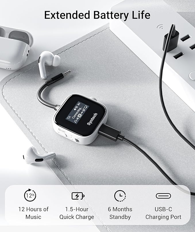 Syntech Airplane Bluetooth Transmitter Receiver for 2 AirPods or Wireless Headphones, HD Display Low Latency 3.5mm AUX Jack Bluetooth 5.4 Audio Adapter for Flying, TV, Car, Gym, Home Stereo White