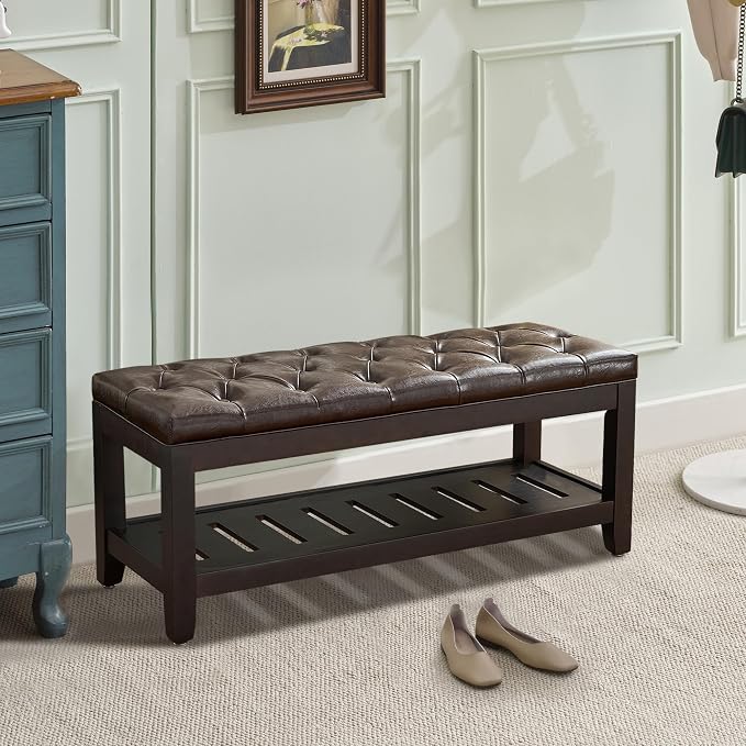LOULENS 44'' PU Storage Bench, End of Bed Bench, Dark Brown | Solid Wood Frame - Image 6