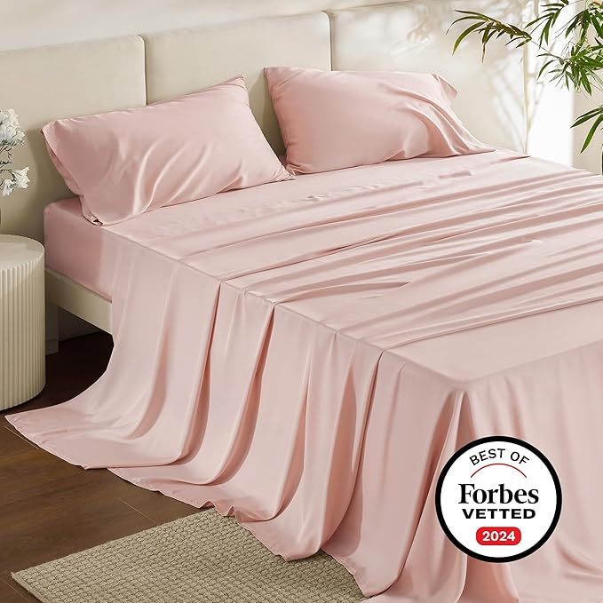 Bedsure Full Size Bed Sheets, Cooling Sheets, Rayon Derived from Bamboo, Breathable & Soft, Deep Pocket Up to 16 Inches, Hotel Luxury Silky Bedding for Hot Sleepers, Pink