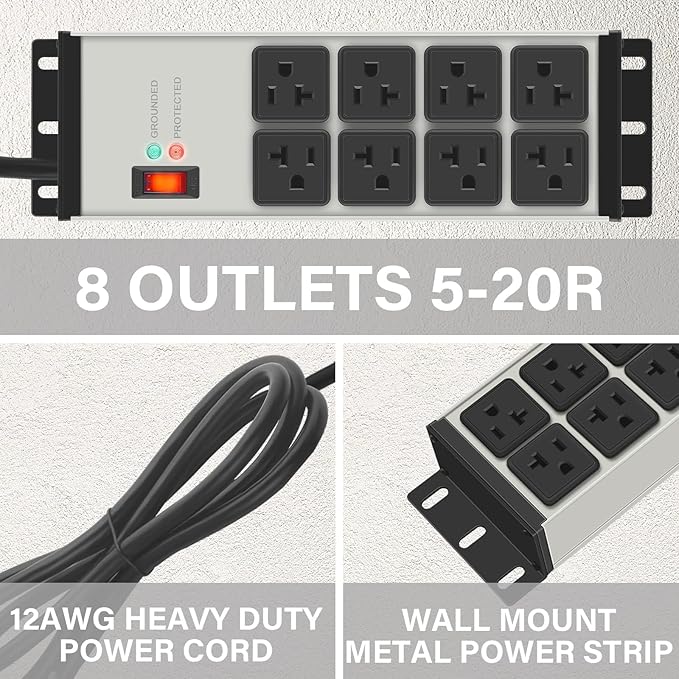 CCCEI 2PCS Heavy Duty Power Strip Surge Protector 20 AMP, 8 Outlets 12 Gauge Shop Garage Metal Multiple Outlets, 15 FT Extension Cord 5-15P Adapter High Amp 6-20R T-Slot 20a for Appliance Grey.