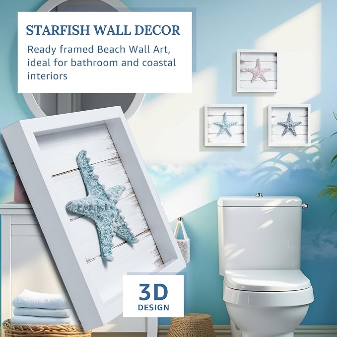 Tide and Tales 3D Starfish Wall Art, Framed Set of 3, Beach Bathroom Decor | 7" - Image 2