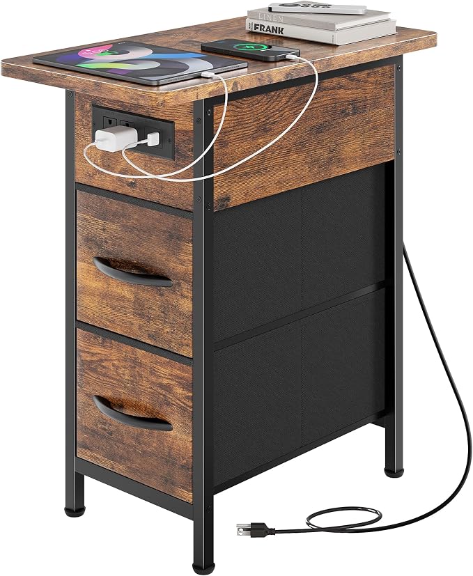 Huuger Narrow End Table with Charging Station, Side Table with 2 Drawers | Slim by Huuger