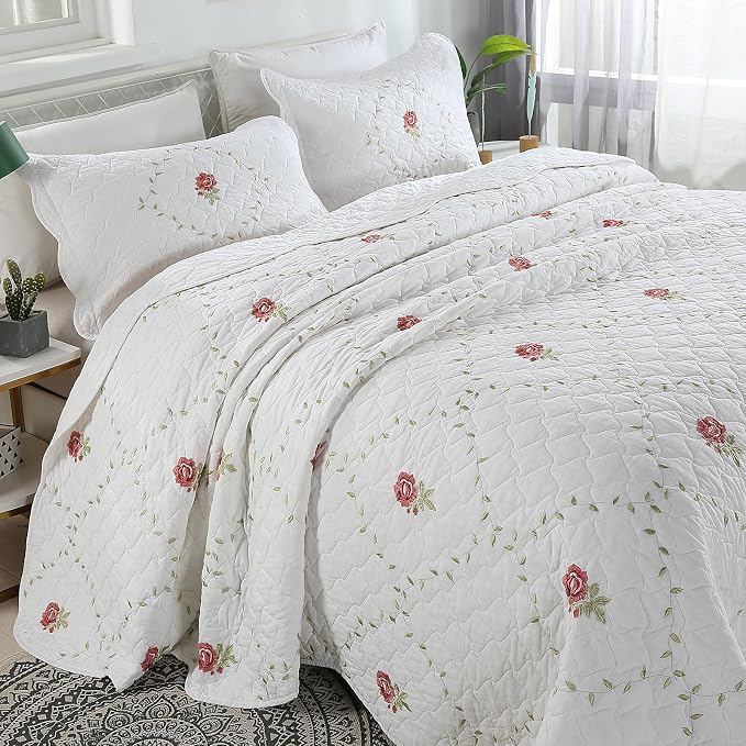 ROOMLIFE Quilt Set King Size 3D Floral Peony Embroidery Pattern 3-Piece Cotton by ROOMLIFE