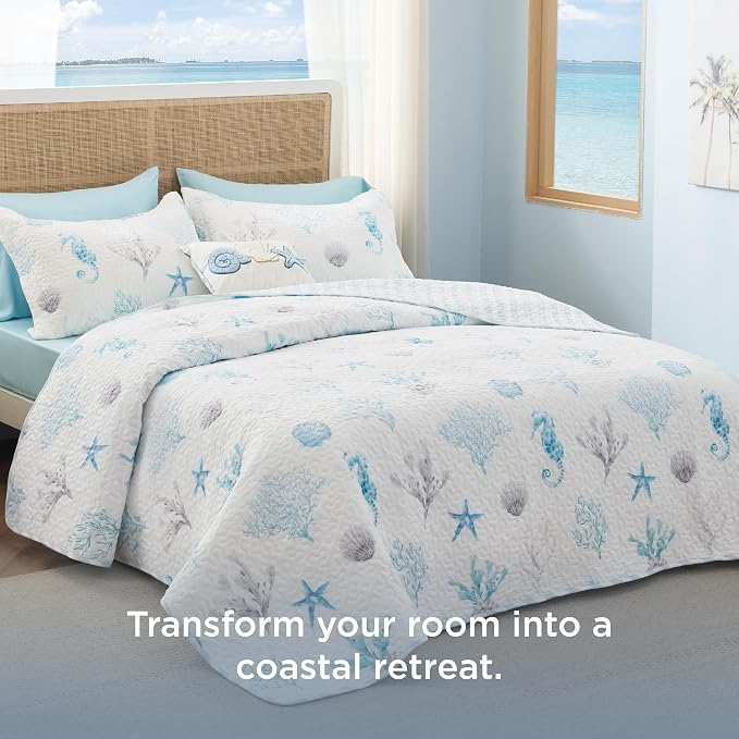 Bedsure Coastal Bedding King Size, Reversible Beach Quilts, Ocean Comforter | - Image 2