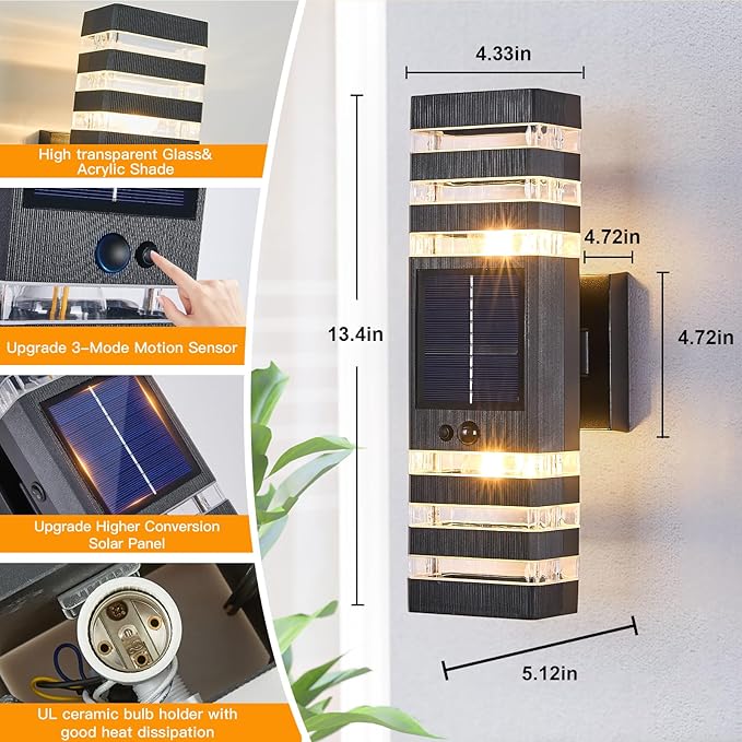 2 Pack Solar Outdoor Wall Lights with Motion Sensor 3-Mode Motion Outdoor Sconces 3000K 500LM Dusk to Dawn Solar Porch Light Fixtures Modern Up Down Exterior Wall Lamp for House Garage Front Door