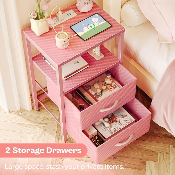 Huuger Nightstand with Charging Station, Side Table with Fabric Drawers | End - Image 5