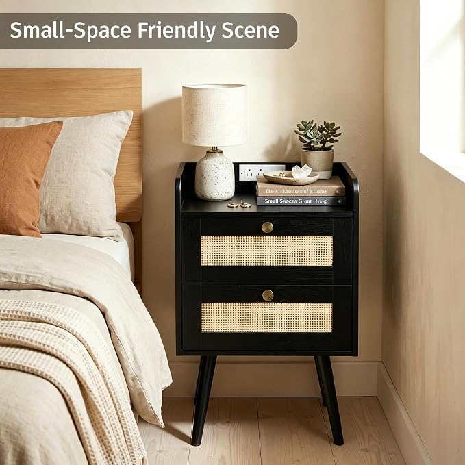 Rattan Nightstands Set of 2, Boho Bedside Table - Image 7